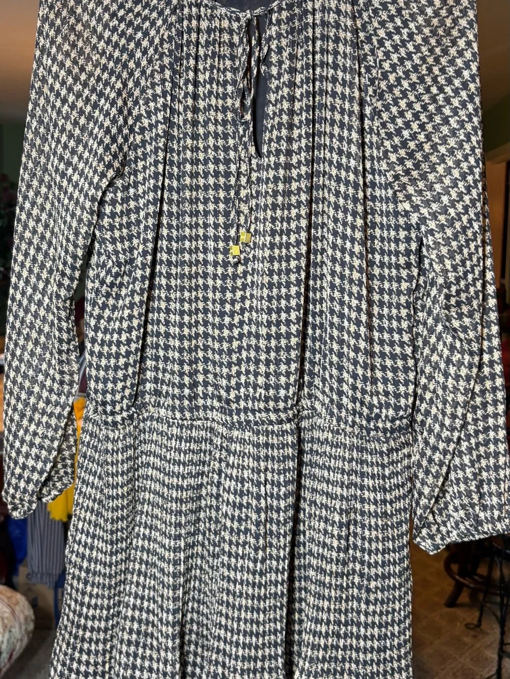 Michael Kors Black Gold Metallic Houndstooth Pleated Chiffon Dress XXL
